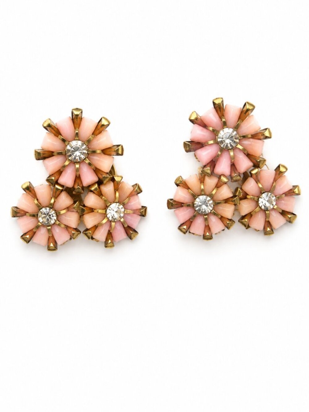 CORO Vintage Signed Pink Thermoset Rhinestone Flower Cluster Clip On Earrings
